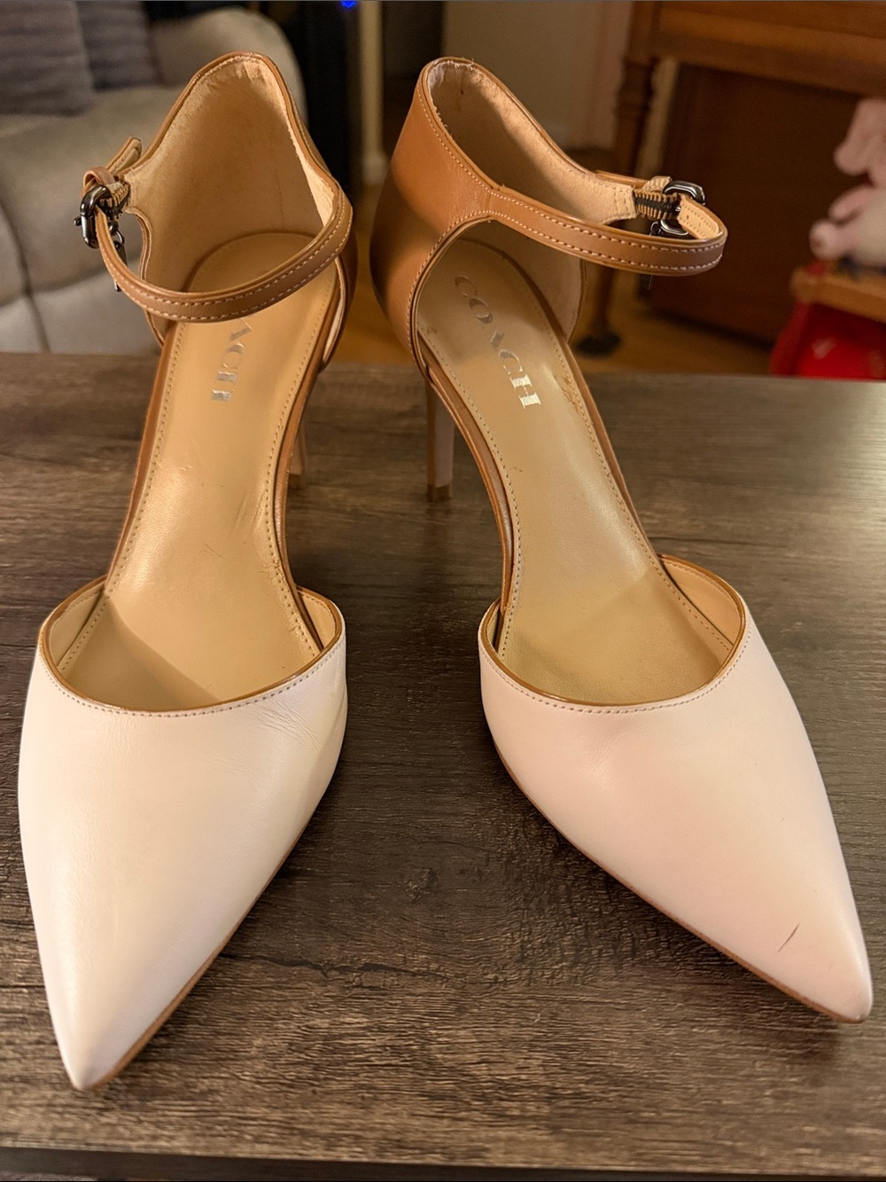 Coach 'Seline' Pointed Toe Ankle Strap Pump in Cream and Tan